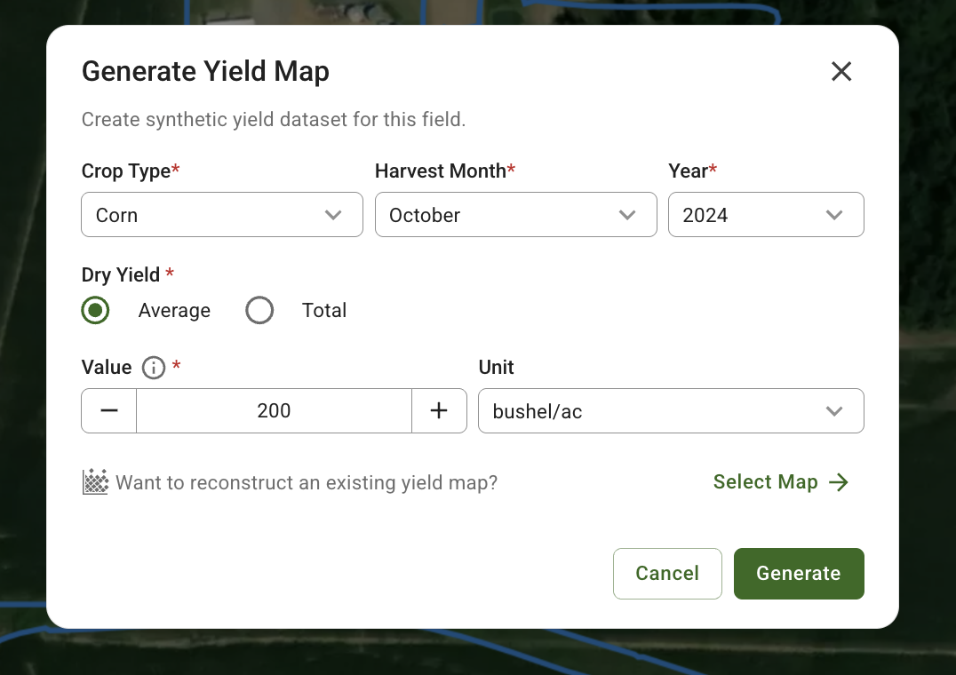 Generate Yield Map popup with crop type, harvest month, year, and average yield value inputs.